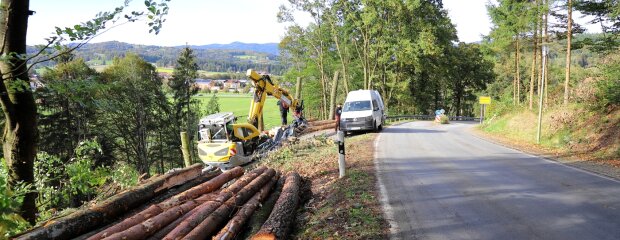 Oberhalb von Auerbach, an der DEG 14 in Richtung Engolling, hat die Baumfällung im Bereich des westlichen Baufeldes begonnen. Dafür musste die beauftragte Firma das Ende der Vegetationsperiode abwarten, am 1. Oktober ging es mit den Arbeiten los.